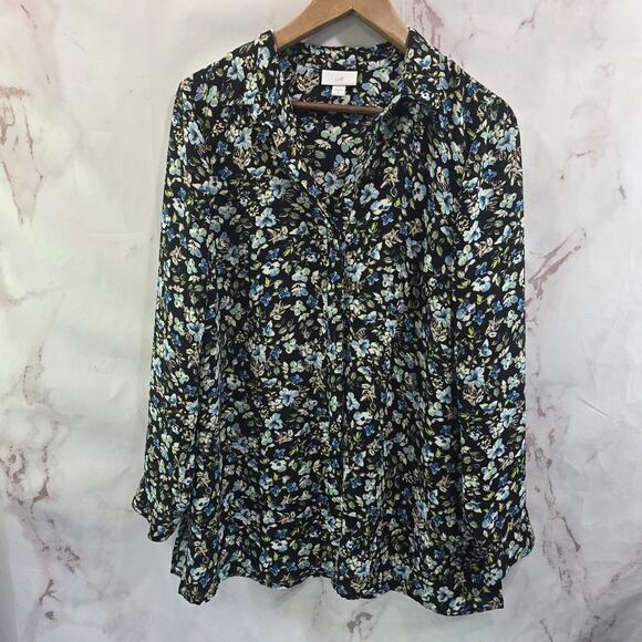 J Jill Shirt Womens Small Black Blue Floral Ditzy Long Sleeve Layered Ruffle - Picture 1 of 10